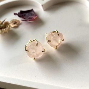 Rose Quartz Natural Raw Crystal Stud Earrings Pink Gold Prong Statement Studs